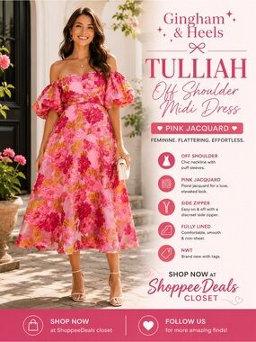 Gingham & Heels Tulliah Off Shoulder Midi Dress – Pink Jacquard | NWT
